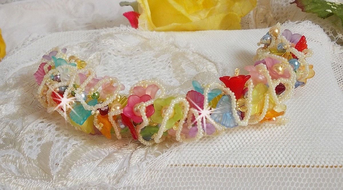 Garden Flowers armband met Swarovski kralen, Frosted bloemen, 3 micron vergulde sluiting