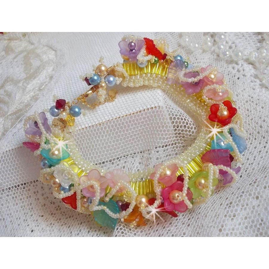 Garden Flowers armband met Swarovski kralen, Frosted bloemen, 3 micron vergulde sluiting