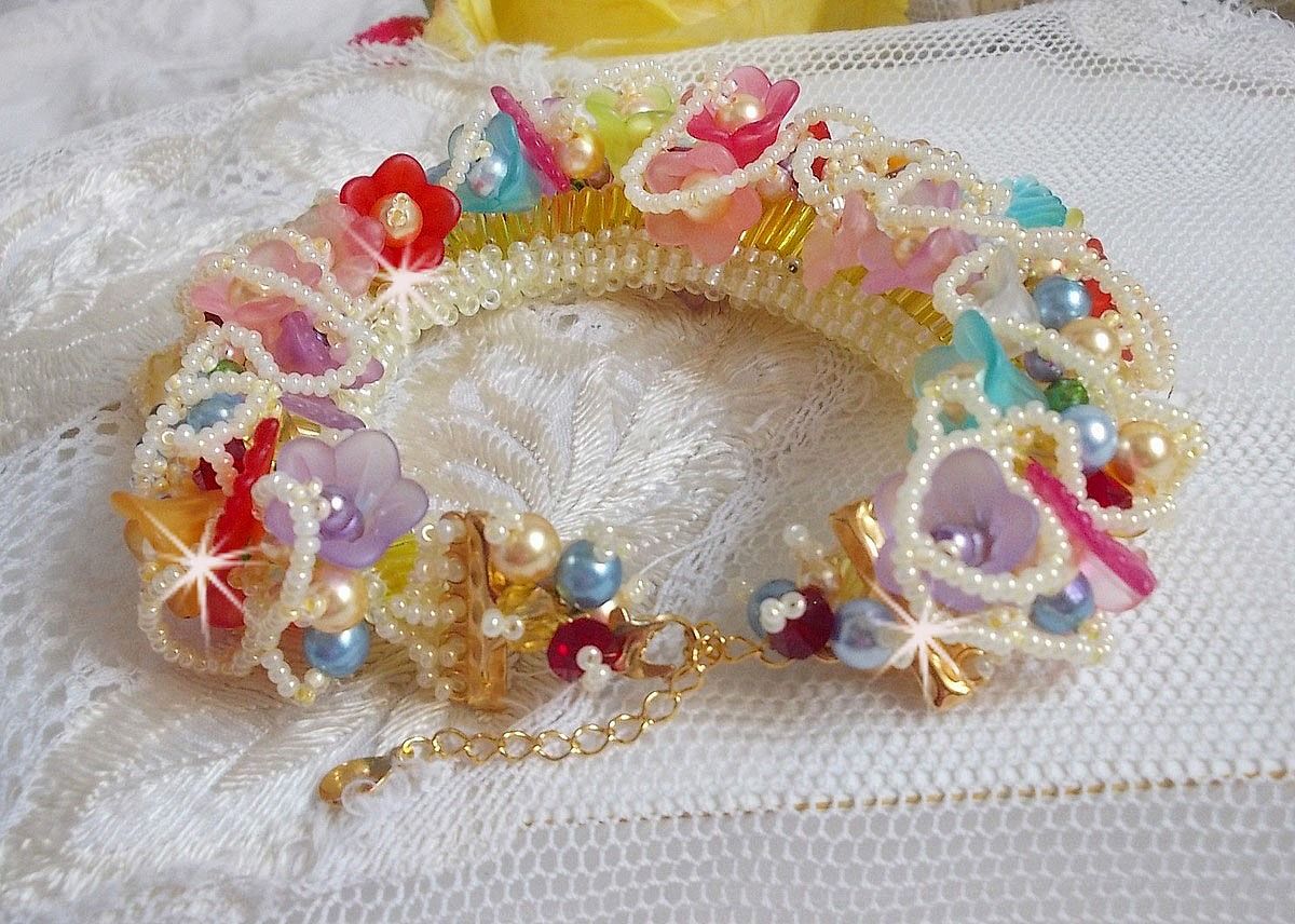 Garden Flowers armband met Swarovski kralen, Frosted bloemen, 3 micron vergulde sluiting