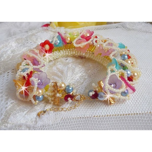 Garden Flowers armband met Swarovski kralen, Frosted bloemen, 3 micron vergulde sluiting