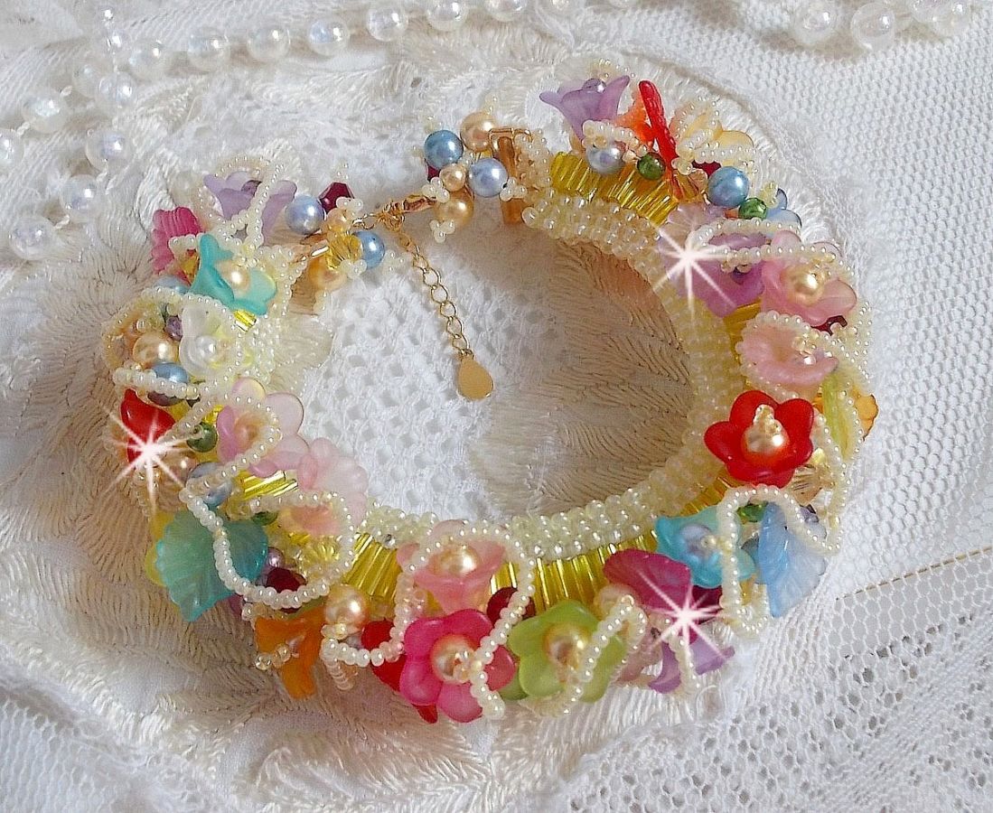 Garden Flowers armband met Swarovski kralen, Frosted bloemen, 3 micron vergulde sluiting