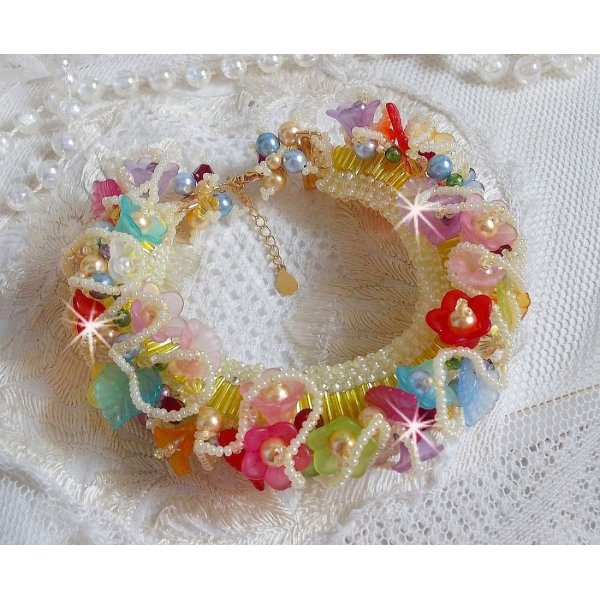 Garden Flowers armband met Swarovski kralen, Frosted bloemen, 3 micron vergulde sluiting