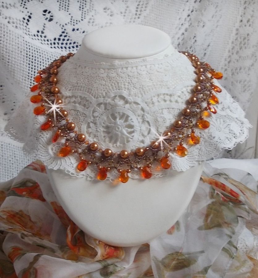 Amber halsketting met Swarovski kristallen parels en facetgeslepen glasdruppels