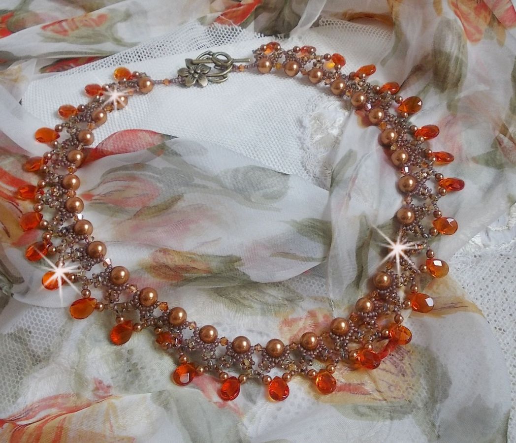 Amber halsketting met Swarovski kristallen parels en facetgeslepen glasdruppels