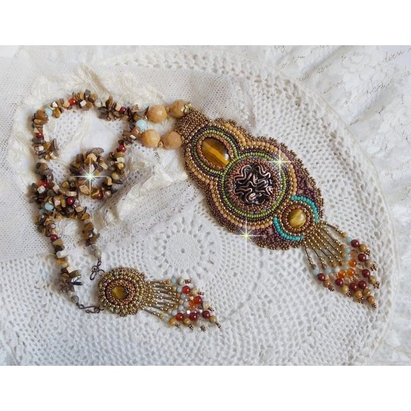 Fauve hanger ketting geborduurd met verschillende tijger ogen, Haute-Couture stijl