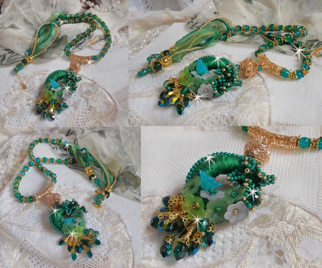 Groene Iris ketting geborduurd met smaragdgroen DMC katoen, Swarovski kristallen, harskralen en rocailles.