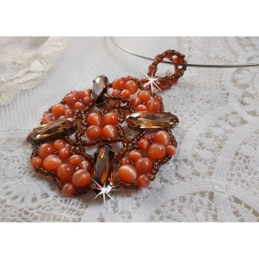 Herfst hanger ketting met Swarovski kristallen en kattenoog glazen kralen