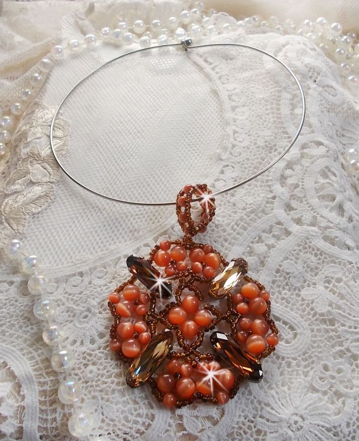 Herfst hanger ketting met Swarovski kristallen en kattenoog glazen kralen