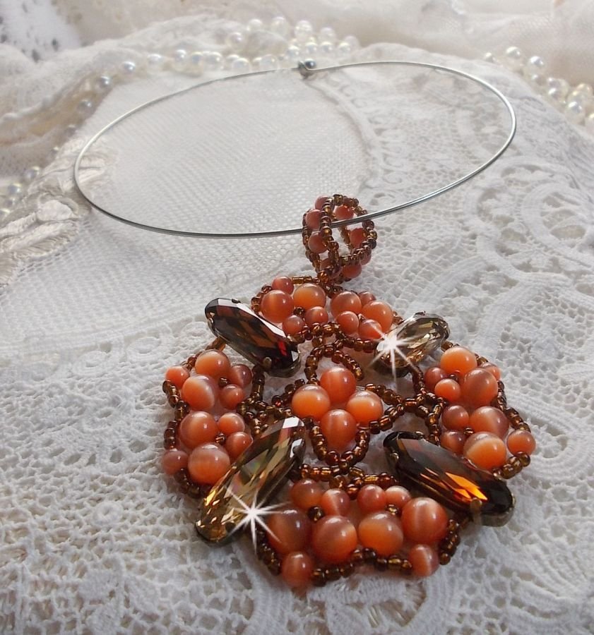 Herfst hanger ketting met Swarovski kristallen en kattenoog glazen kralen