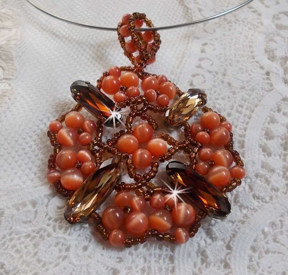 Herfst hanger ketting met Swarovski kristallen en kattenoog glazen kralen