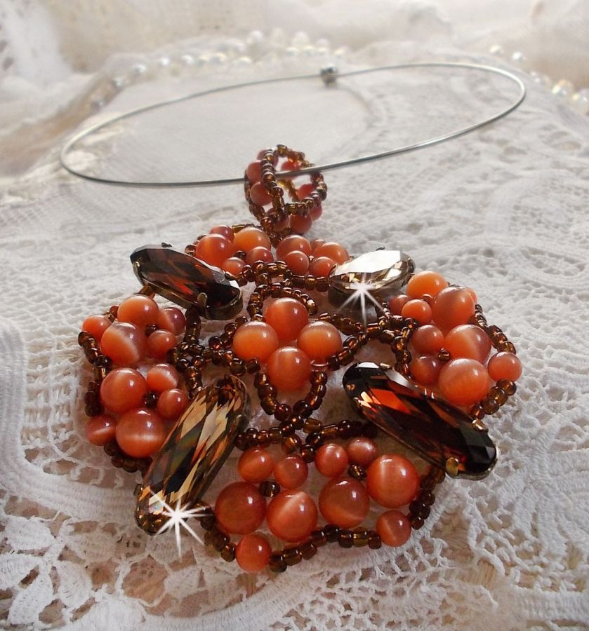 Herfst hanger ketting met Swarovski kristallen en kattenoog glazen kralen