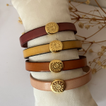 Bracelet cuir au cabochon soleil doré pour femme 