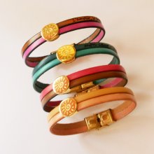 Soleil gouden armband op een duo van leer om te personaliseren en graveren