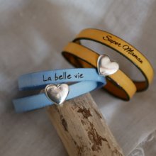 Dubbele lederen armband met zilveren hart ontwerp, uw woorden kunnen worden gegraveerd