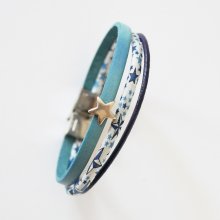 Trio van leer en Liberty koord armband met blauwe sterren
