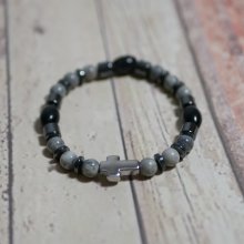 Herenarmband met kruis, hematiet en grijze parels