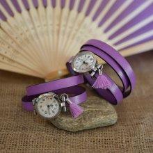 Leren armband horloge Lila 2 of 3 rondes met pompon