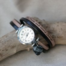 Horloge met dubbele lederen band en obsidiaan stenen hart, kleuren te personaliseren 