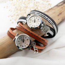 Horloge met dubbele lederen band, zilveren wijzerplaat, kleur naar keuze, te personaliseren 