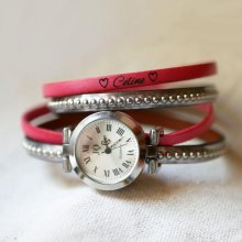 Horloge verzilverde dubbele lederen band kralen kleurkeuze aan te passen 
