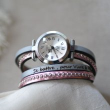 Horloge met dubbele roze metallic lederen band, te personaliseren 