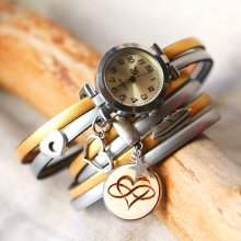 Triple tour horloge in leder duo en hout cabochon te personaliseren 