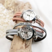 Horloge te personaliseren met een lederen band, 3 slagen, zilveren wijzerplaat met hanger 