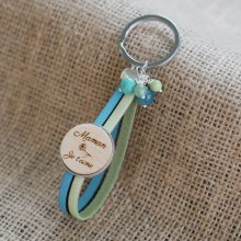 Dubbele lederen sleutelhanger met gepersonaliseerde houten kap