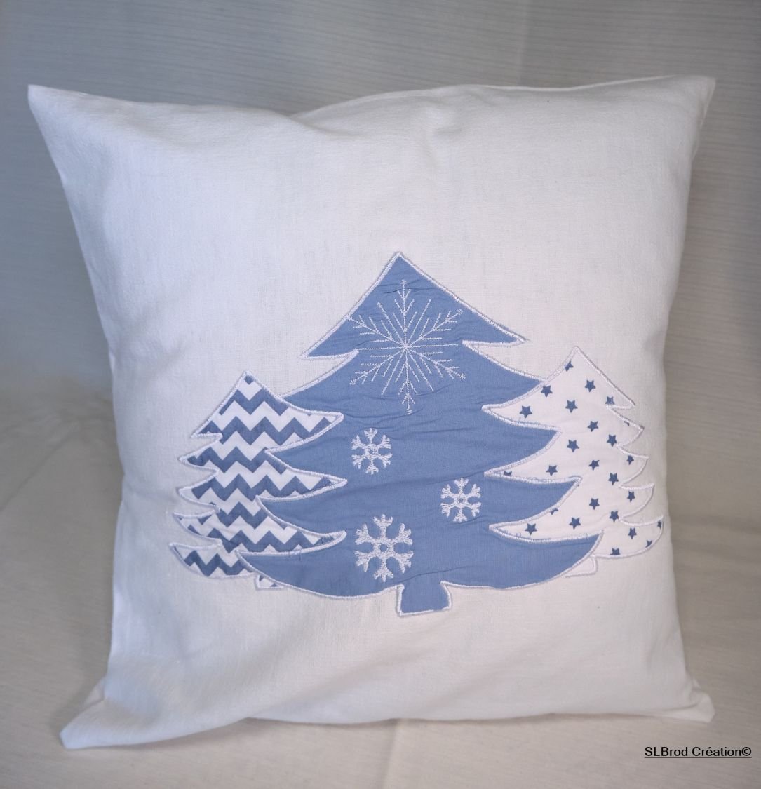 Kussenhoes Blauwe sparren in appliqué