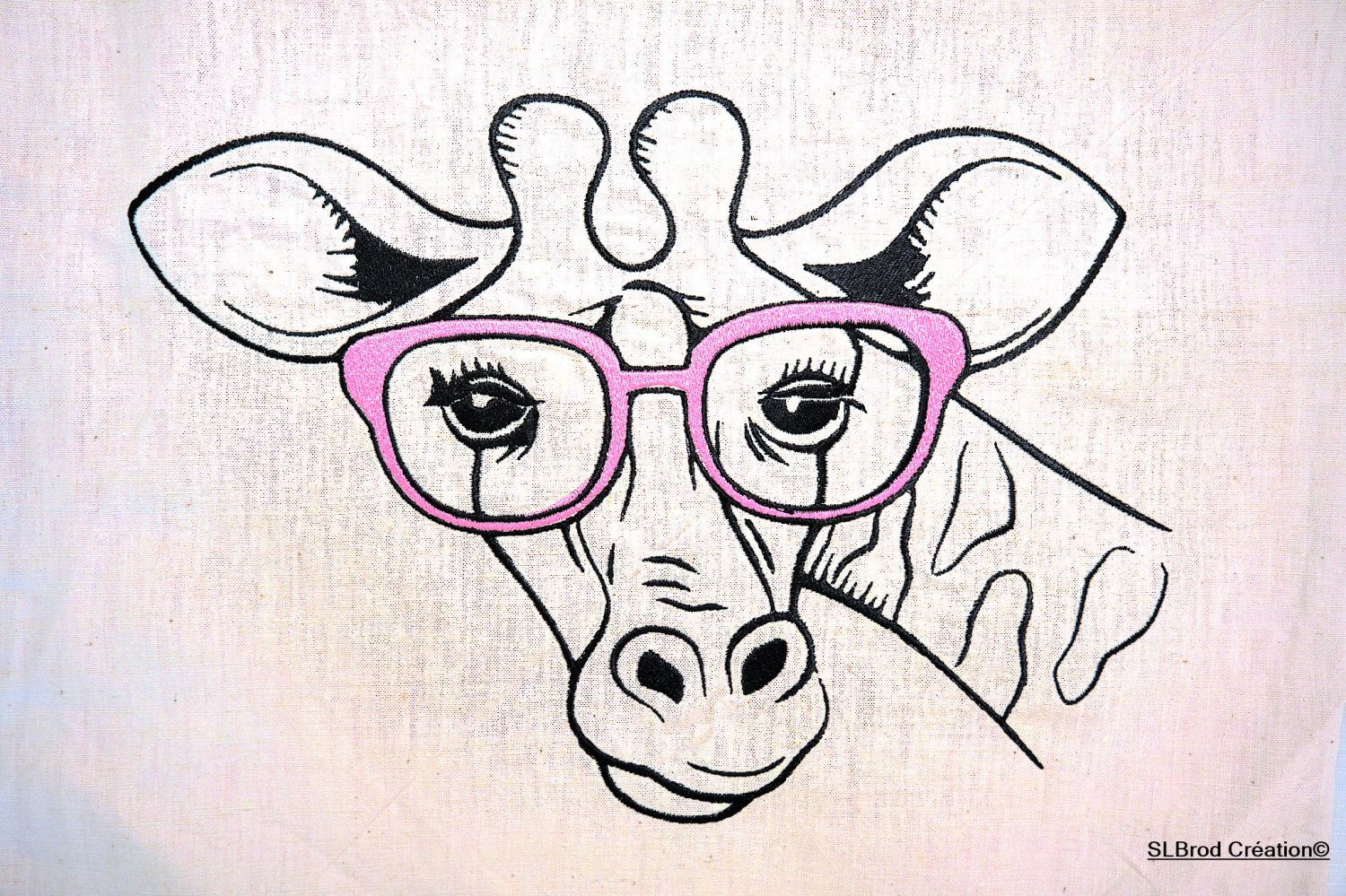 Geborduurde draagtas giraffe met roze bril personaliseerbaar