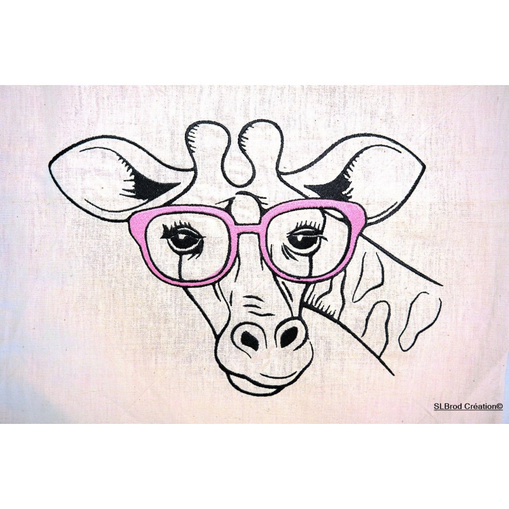 Geborduurde draagtas giraffe met roze bril personaliseerbaar