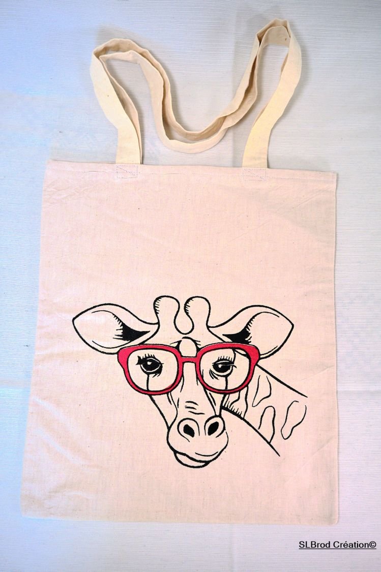 Geborduurde draagtas giraffe rode bril personaliseerbaar
